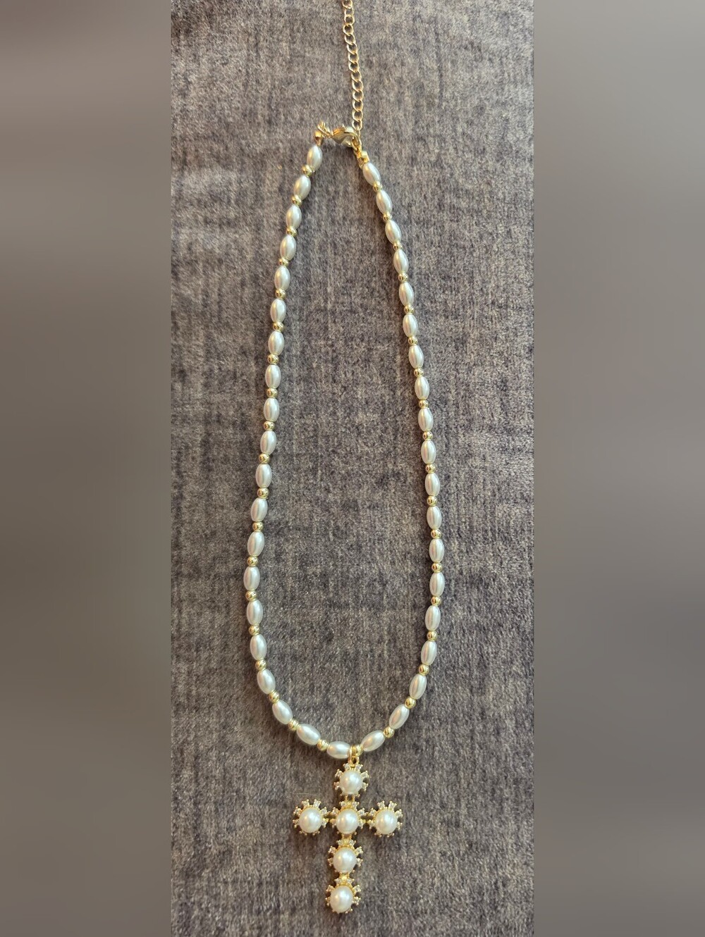 Pearl Bead Necklace with Gold Cross Pendant - 17 Inch. White